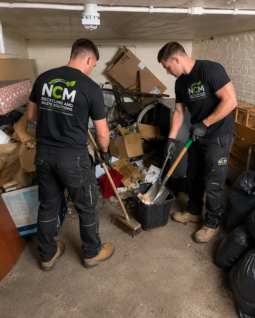 Two NCM team members in branded workwear clearing a garage full of household waste by hand